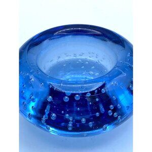 Blue Art Glass controlled Bubble Paperweight Tea Light Candle Holder Heavy Botto